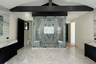 Ejemplo de cuarto de baño principal moderno grande con ducha con puerta con bisagras
