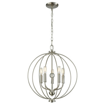 Williamsport 5-Light Chandelier, Brushed Nickel With Clear Glass Ball