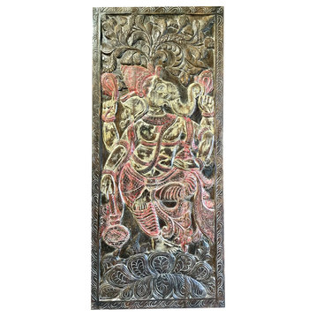 Consigned Vintage Ganesha Artistic Wall Sculpture, Carved Door Panel, 84