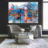 Teal blue black Abstract Painting, mettalic copper orange modern painting