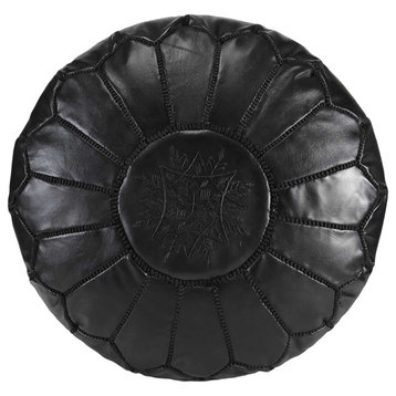 Handmade Moroccan Ottoman, Genuine Leather Pouf, Black