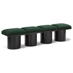 Meridian Furniture - Pavilion Black Boucle Fabric Bench, Green, Black Finish, 72" W X 15.5" D X 17.5" H - Bring valuable seating and remarkable style to your space with this green Pavilion Boucle Fabric Bench, an exquisite balance of style and usability for the entryway, bedroom, and beyond. Crafted from oak veneer with a black finish, this bench has a 4-inch-thick seat cushion that's channel-tufted for a touch of luxury. The bench's columnar bases add a dash of Art Deco design, making it a captivating focal point in any room.
