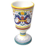 Bonechi Imports - Deruta Labor Ceramiche Ricco Goblet - Dating back to the sixteenth century, the Ricco design is heavily influenced by the frescoes of Renaissance artist Pietro Perugino.  He was the mentor of Raphael, and their work inspired the patterns of Deruta ceramics that date back to the sixteenth century. Not only great as a wine glass, this ceramic goblet was handcrafted and painted by the artists of Labor Deruta. These goblets are dishwasher safe.