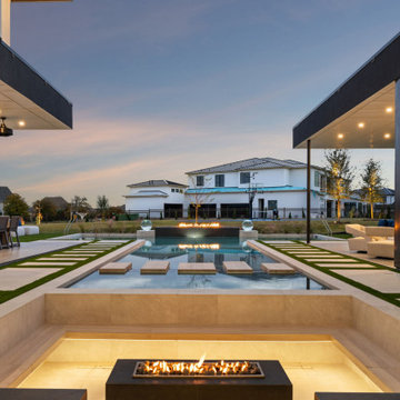 Modern Geometric Pool with Floating Steps & Fire Lounge – Radelli Designs