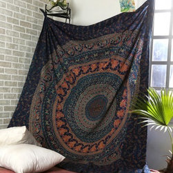 Cotton Dark Navy Blue Elephant Printed Mandala Tapestry - Tapestries