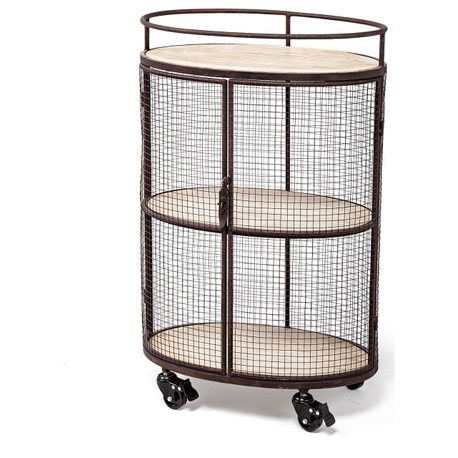 Saluti II Black Metal Oval Caged Frame w/ 3 Wood Shelves Bar Cart