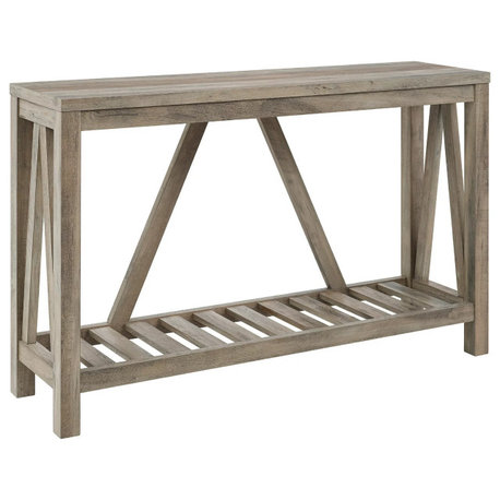 Farmhouse Console Table With Slatted Bottom Shelf and Spacious Wood Top, Gray Wash