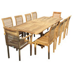 Windsor Teak Furniture - Grade A Teak 95" Ext Table With 10 Stacking Chairs, The Buckingham - Buckingham 95" x 39" Rectangular Double Leaf Extension Table w/10 Casa Blanca Stacking Chairs (2 w/ arms & 8 w/o arms). The Buckingham Table is one majestic Grade A Teak table that will surely be a family heirloom. Close the tables is 71" , with one leaf open it's 83" and fully open it's 95"...giving you 3 table sizes! Comfortably seating 8-10 people and the double butterfly leaf design allows for use of the umbrella even when the table is closed. Comes with stainless steel hardware and cap covered umbrella hole.The Casablanca stacking chairs are very comfortable with their contoured seats and backs and have that "designer" look. Umbrella not included.Some assembly on table, Shipped Via Truck.