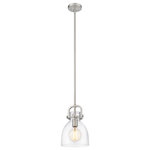 Innovations Lighting - Innovations 412-1S-SN-8CL 1-Light Mini Pendant, Brushed Satin Nickel - Innovations 412-1S-SN-8CL 1-Light Mini Pendant Brushed Satin Nickel. Collection: Newton. Style: Restoration. Metal Finish: Brushed Satin Nickel. Metal Finish (Canopy/Backplate): Brushed Satin Nickel. Material: Steel, Cast Brass, Glass. Dimension(in): 11. 375(H) x 8(W) x 8(Dia). Min/Max Height (Fixture Height with Cord or Included Stems and Canopy)(in): 20. 375/44. 375. Wire/Cord: 10 Feet of Wire. Bulb: (1)60W Medium Base,Dimmable(Not Included). Maximum Wattage Per Socket: 100. Voltage: 120. Color Temperature (Kelvin): 2200. CRI: 99. 9. Lumens: 220. Glass Shade Description: Clear Newton Bell. Glass or Metal Shade Color: Clear. Shade Material: Glass. Glass Type: Transparent. Shade Shape: Dome. Shade Dimension(in): 8(W) x 10. 5(H). Canopy Dimension(in): 4. 5(Dia) x 0. 75(H). Sloped Ceiling Compatible: Yes. California Proposition 65 Warning Required: Yes. UL and ETL Certification: Damp Location.