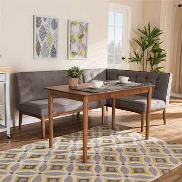 Baxton Studio Arvid Modern Tufted Fabric 3 Piece Wood Dining Nook Set in Gray