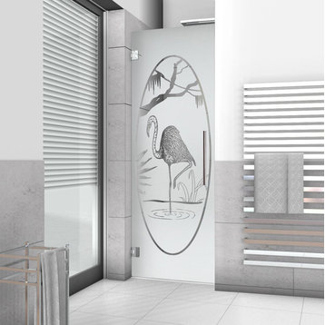 Hinged Alcove Shower Door With Flamenco Design, Semi-Private, 28"x75" Inches, Left