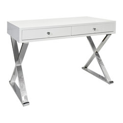 Worlds Away Jared White Lacquer Desk on Stainless Steel X Base - Desks And Hutches