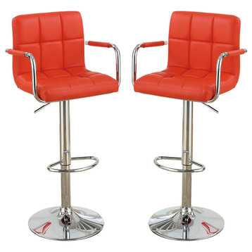 Faux Leather Swivel Hydraulic Bar Stool w/Arms, Set of 2, Red