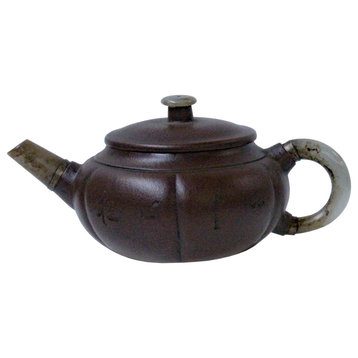 Chinese Zisha Clay Medium Brown Jade Stone Handle Teapot Display Art Hws998