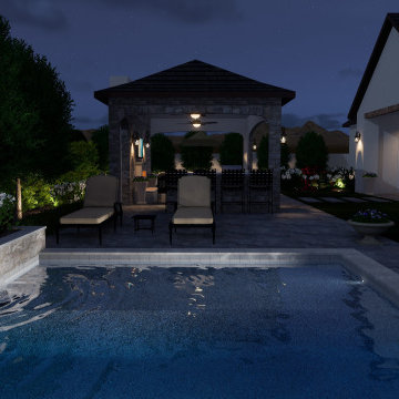 Modern Mediterranean Pool, Courtyard, Cabana, Fireplace - Toll Brothers