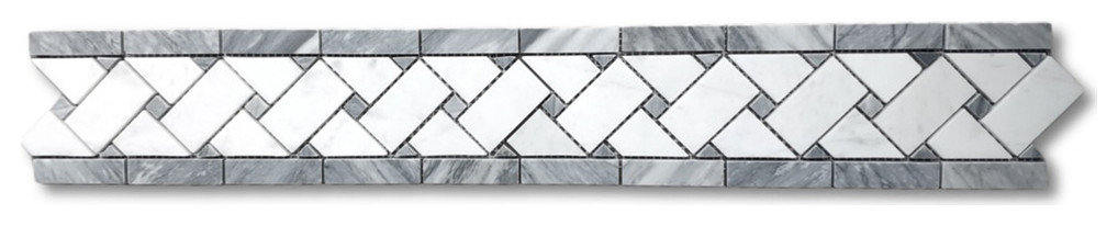 Carrara Venato Marble Basketweave Mosaic Border Dark Gray Dots Honed, 1 sheet