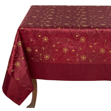Holiday Gold Embroidery Sequined Burgundy Tablecloth, 65"x120"