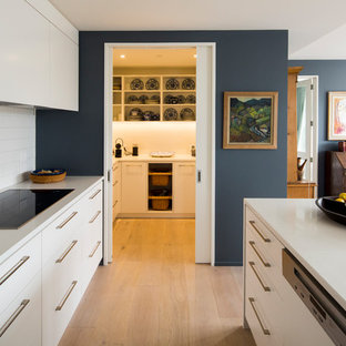 Mittelgroße, Zweizeilige Moderne Küche mit Vorratsschrank, Unterbauwaschbecken, weißen Schränken, Quarzwerkstein-Arbeitsplatte, Küchenrückwand in Weiß, Rückwand aus Porzellanfliesen, Elektrogeräten mit Frontblende, hellem Holzboden, Kücheninsel, flächenbündigen Schrankfronten und braunem Boden in Christchurch