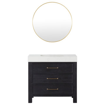 Leon Bath Vanity with Composite Stone Top, Fir Wood Black, 36", With Mirror