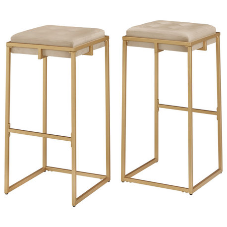 Jasper Gold Finish Velvet Button Tufted Stools, Set of 2, Beige, Bar Height