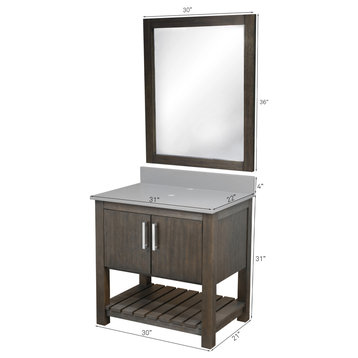 30" Vanity with Storm Grey Quartz Countertop and BackSplash, Oil Rubbed Bronze, Mirror Included