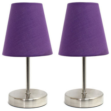 Simple Designs Metal Basic Table Lamp 2 Pack in Sand Nickel with Purple Shade