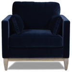 Jennifer Taylor Home - Knox 36" Modern Farmhouse Arm Chair, Dark Navy Blue Performance Velvet - The perfect blend between casual comfort and style, the Knox Seating Collection by Jennifer Taylor Home brings cozy modern feelings into any space. The natural wood base and legs make a striking combination with the luxurious velvet upholstery. The back and arm pillows are all removable and reversible for the ultimate convenience of care. Whether you're lounging alone or entertaining friends, let the Knox chair and sofa be the quintessential backdrop of your daily routine.