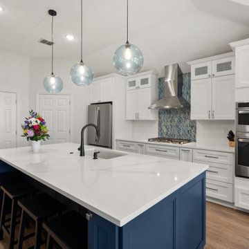 Modern Shaker Kitchen with Blue Mosaic Backsplash after remodel
