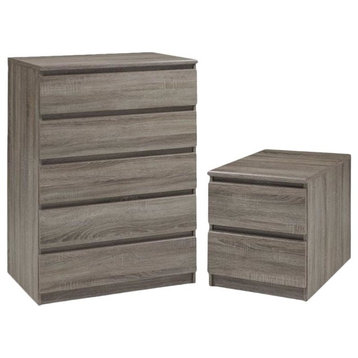Scottsdale 2 Piece Set Modern 5 Drawer Chest and Nightstand in Truffle
