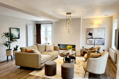 Inspiration for a mid-sized contemporary enclosed vinyl floor and gray floor living room remodel in Hertfordshire with white walls, a standard fireplace and a plaster fireplace