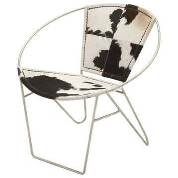 Unique Accent Chair, Open Round Design With Real Goat Leather Seat, Black/White