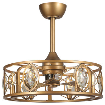 22 in Indoor Brass Gold Crystal Caged Ceiling Fan Chandelier With Remote