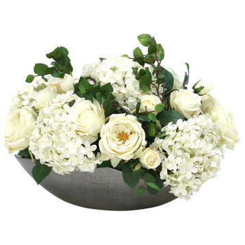 White Hydrangeas with Roses in Cosmic Bowl