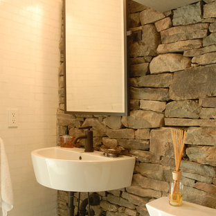 Beautiful Stone Slab Powder Room with Wall-Mount Sink Pictures