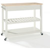 Natural Wood Top Kitchen Cart/Island With Optional Stool Storage, White Finish