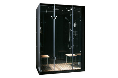 Imagen de cuarto de baño principal moderno de tamaño medio con armarios tipo vitrina y puertas de armario negras