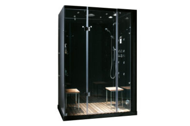 Bathroom - mid-sized modern master bathroom idea in New York with glass-front cabinets and black cabinets