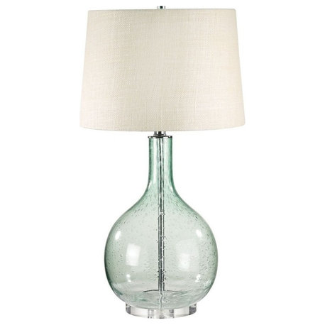 Green Gourd Table Lamp Made Of Glass A Off-White Burlap Shade A 3-Way Switch