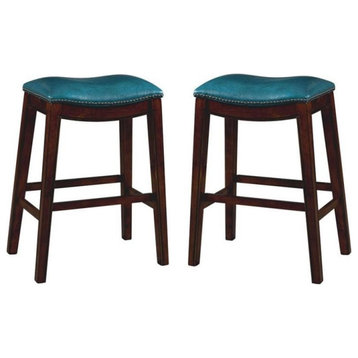 Home Square 2 Piece Saddle Faux Leather Barstool Set with Wood Base in Blue
