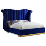 Meridian Furniture - Flora Black Velvet Bed, Navy, Queen - Make a dramatic statement while creating contemporary flair in the bedroom with this breathtaking Flora navy velvet queen bed. Featuring a gold metal base upholstered with rich navy velvet with gold nailhead accents and channel tufting along the headboard, this gallant bed is sure to command the attention of anyone who enters your bedroom chamber. Its contemporary wing-back design adds a regal presence to your sleeping space, while its generous size ensures you sleep like a king.