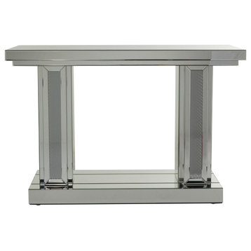 Contemporary Console Table, Mirrored Design With Accent Column Support, Silver
