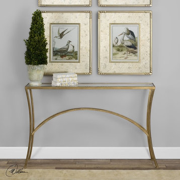 Minimalist Gold Arch Console Table, Metal Glass Top Hall Entry