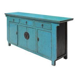 Chinese Distressed Rustic Blue Sideboard Buffet Table Cabinet - Console Tables