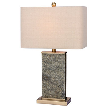 Stone & Metal Table Lamp, Natural Stone/Antique Brass, 26"