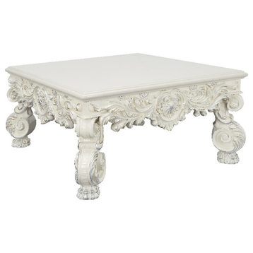 ACME Adara Square Wooden Top Coffee Table with Floral Legs in Antique White