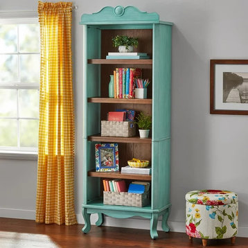 Traditional Bookcase, Accent Top & Curved Legs With Multiple Shelves, Brown/Teal