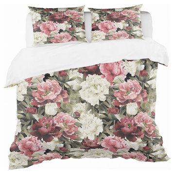 Floral Pattern With Peonies Bohemian and Eclectic Duvet Cover, Twin