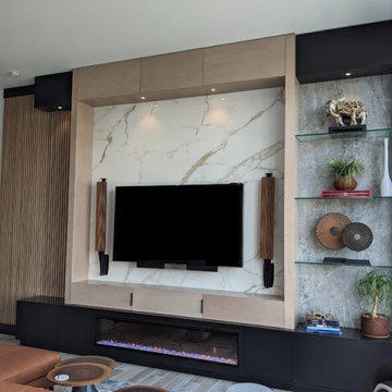 Custom Built-In Modern Entertainment Center with Wood Slatted Wall and Fireplace