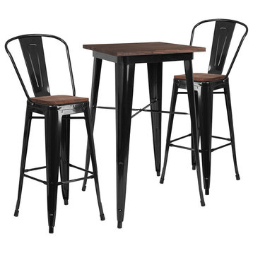 23.5" Square Black Metal Bar Table Set with Wood Top and 2 Stools