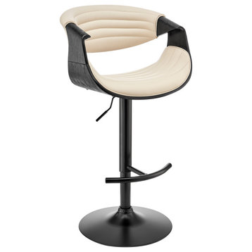 Gionni Adjustable Swivel Faux Leather and Wood Bar Stool With Metal Base, Cream and Black